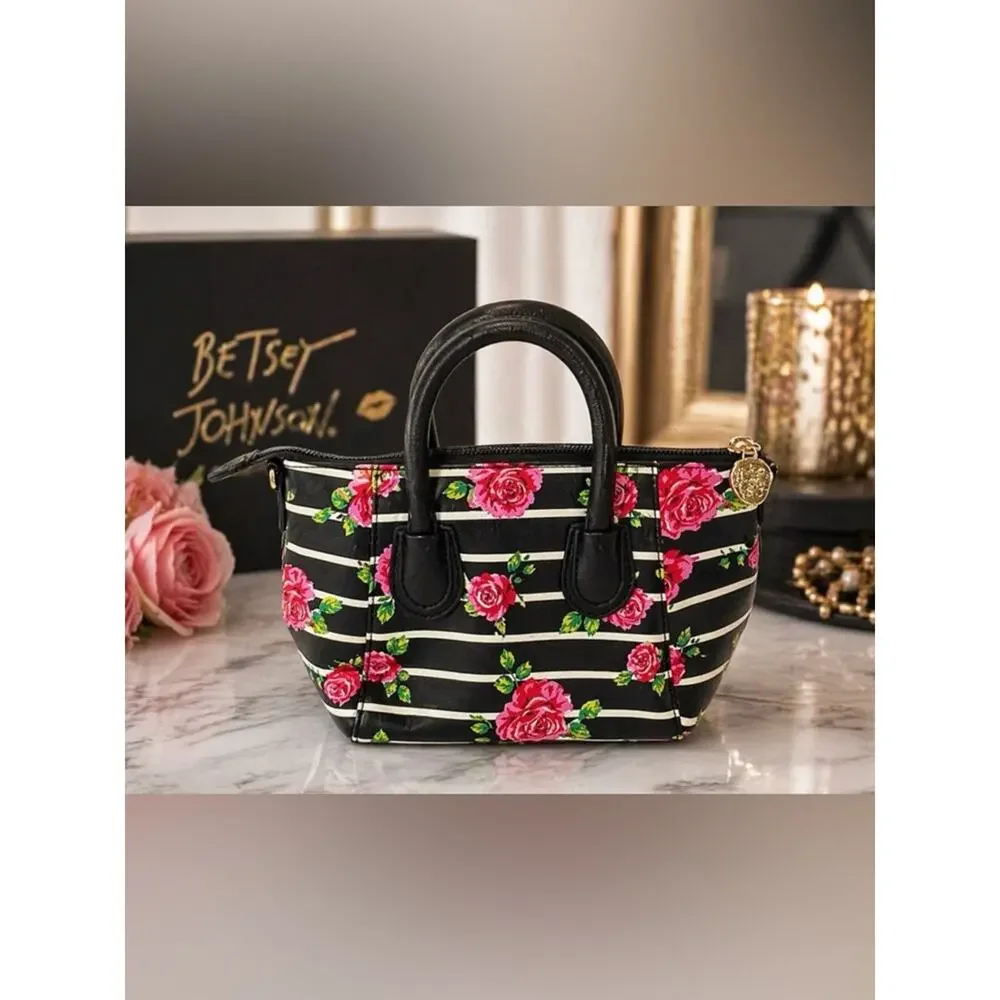Betsey Johnson Floral Stripe Satchel Black Pink Rose Mini Handbag Y2K